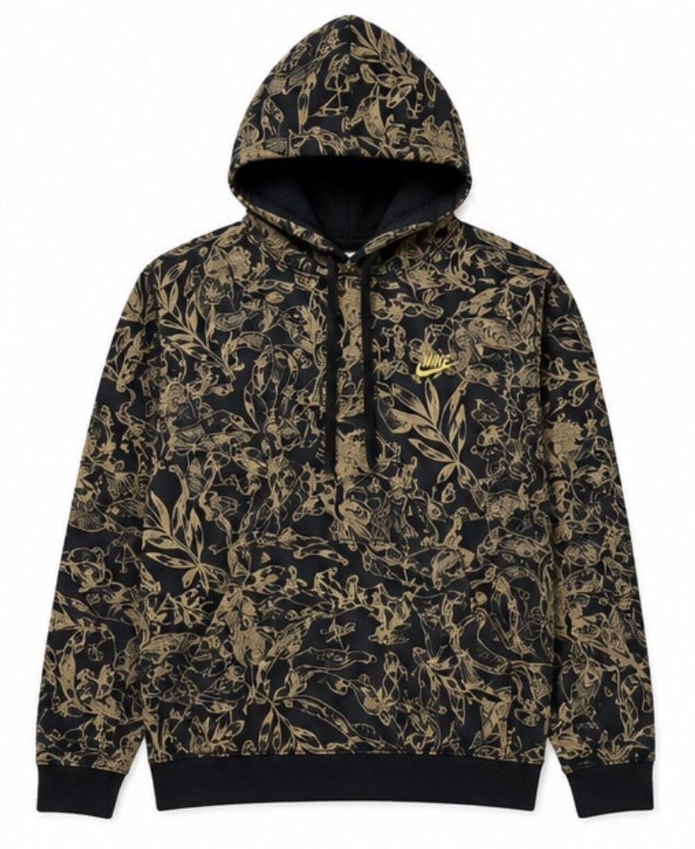 Nike Sportswear All Over Print Pullover Hoodie Black Gold Men’s Large AOP